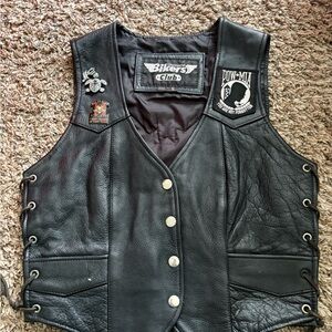 Black Leather Biker Vest with Patches